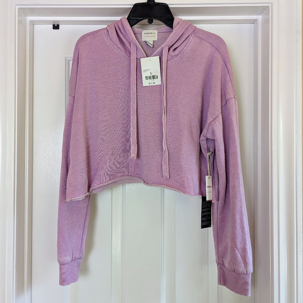 Forever 21 Contemporary Athletic Long Sleeve Cropped Fleece Hoodie Top Lavender
